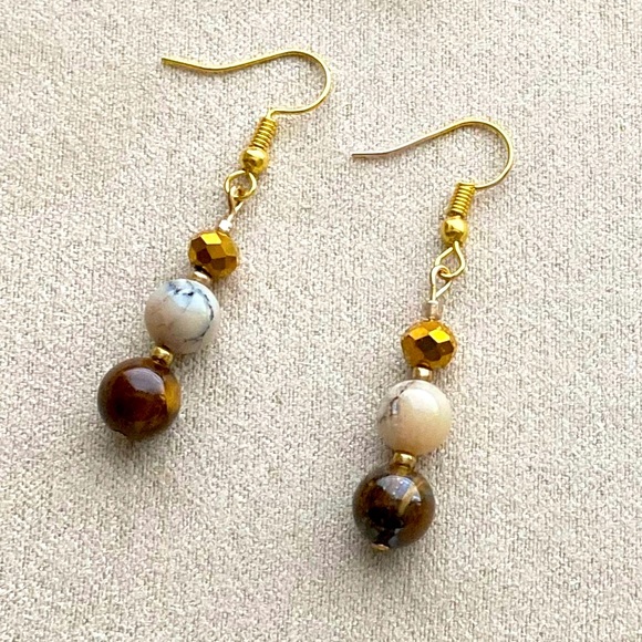 African Opal & Tigers Eye Bead Dangle Necklace & Earring Set - Earth Tones - Picture 4 of 4